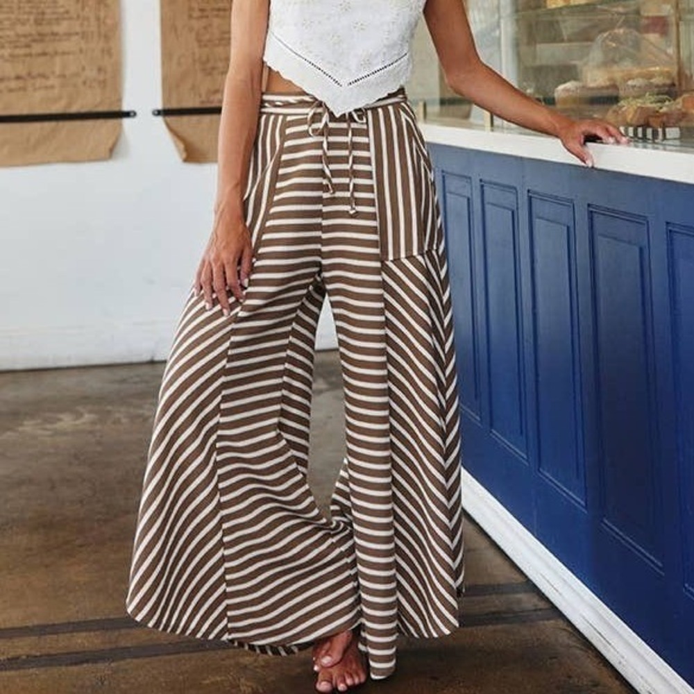 Boho Wide Leg Cozy Brown Stripped Pants Tie Waist Size Large